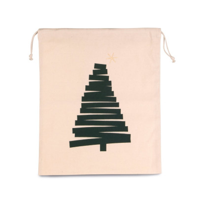 Cotton bag with Christmas tree design and drawcord closure.